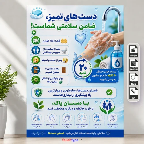 پوستر نحوه صحیح شستن دست ها همراه با نمایش تصویری مراحل شستن دست در بیمارستان
