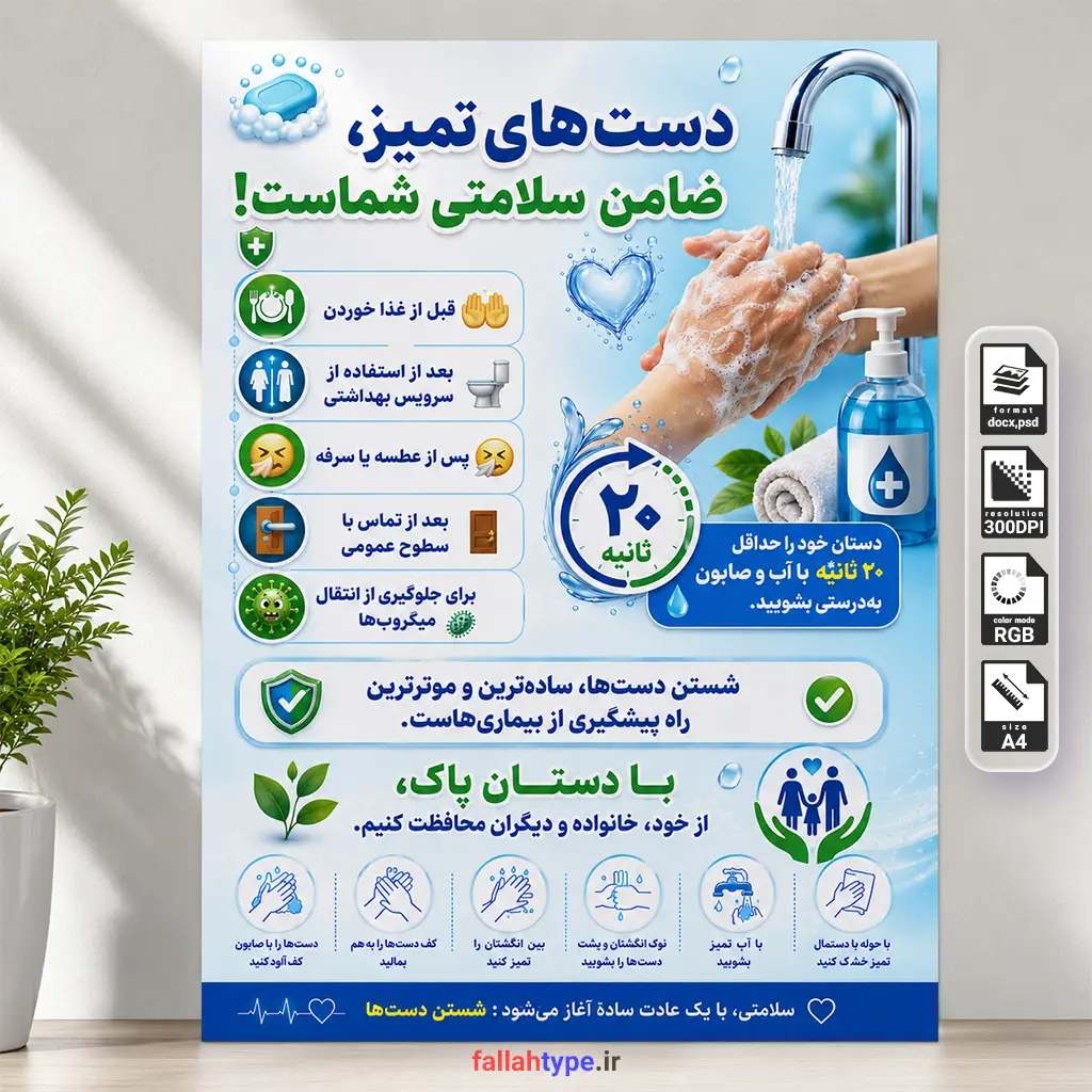 پوستر نحوه صحیح شستن دست ها همراه با نمایش تصویری مراحل شستن دست در بیمارستان