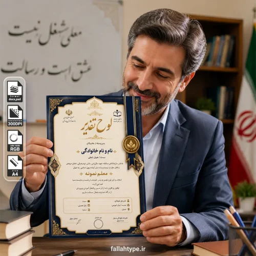 طرح لایه باز لوح تقدیر معلم نمونه ویژه آموزش و پرورش با فایل PSD و Word قابل ویرایش